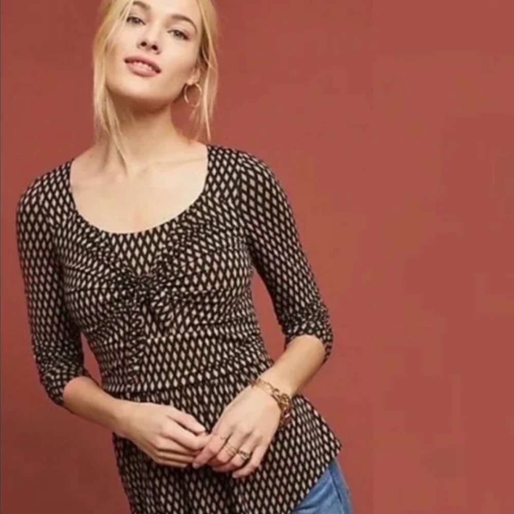 Anthropologie Meadow Rue Joselyn Diamond Pattern Tie Front Long Sleeve